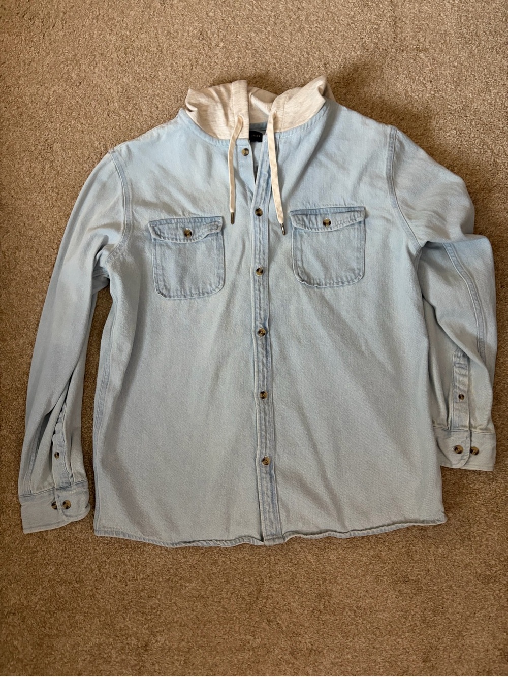 No Boundaries Light Blue Button-Up Hoodie Shirt with Cream Hood